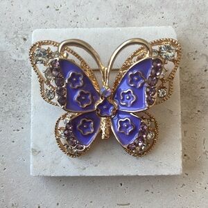 Anthropologie Purple Crystal Butterfly Brooch Gold Tone Pin